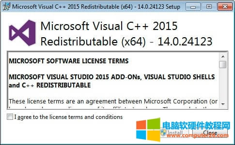 將顯示 Microsoft Visual C++-2015 Redistributable 屏幕并要求您同意許可條款和條件。在“我同意”框中打勾,然后單擊“安裝”按鈕。
