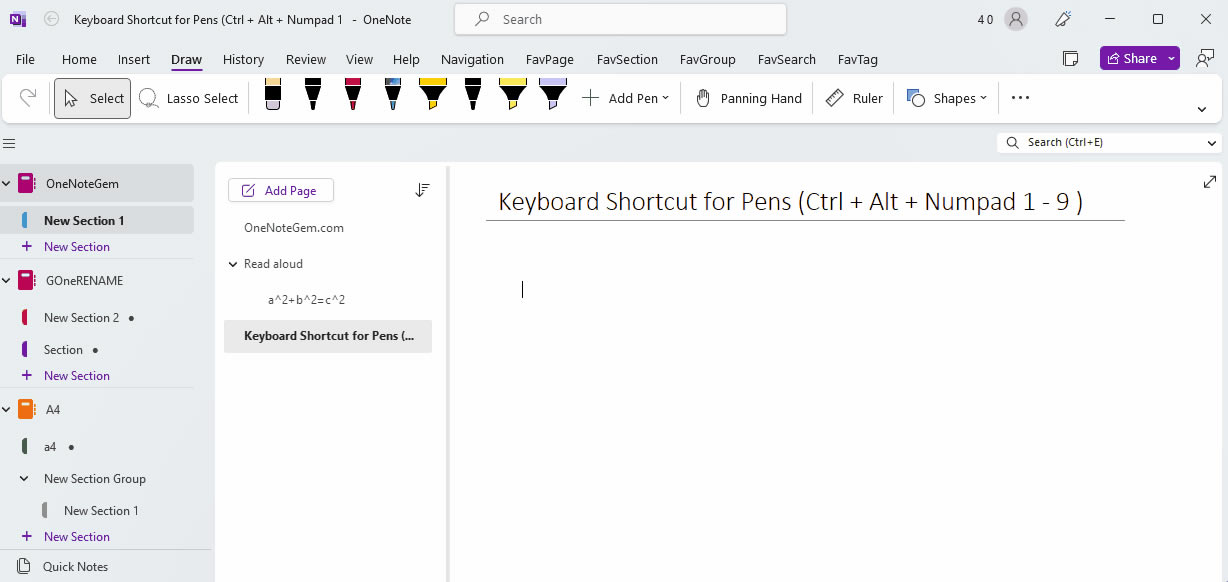 使用 OneNote Gem – Favorites 提供的快捷鍵切換 OneNote 2021 中的新類型畫筆。