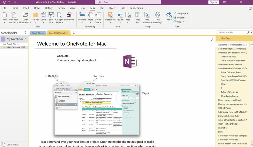 使用 Gem 數(shù)字筆記珍寶提供的長(zhǎng)視圖,一次性查看 OneNote 的一個(gè)主頁(yè)面及其下的所有子頁(yè)面。