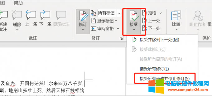 接受所有更改并停止修訂
